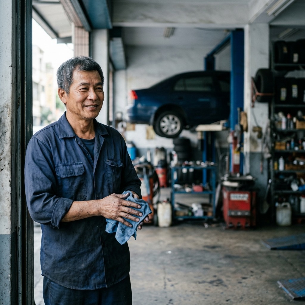 新營汽車資深技師在車廠前，後方車輛升起保養中
